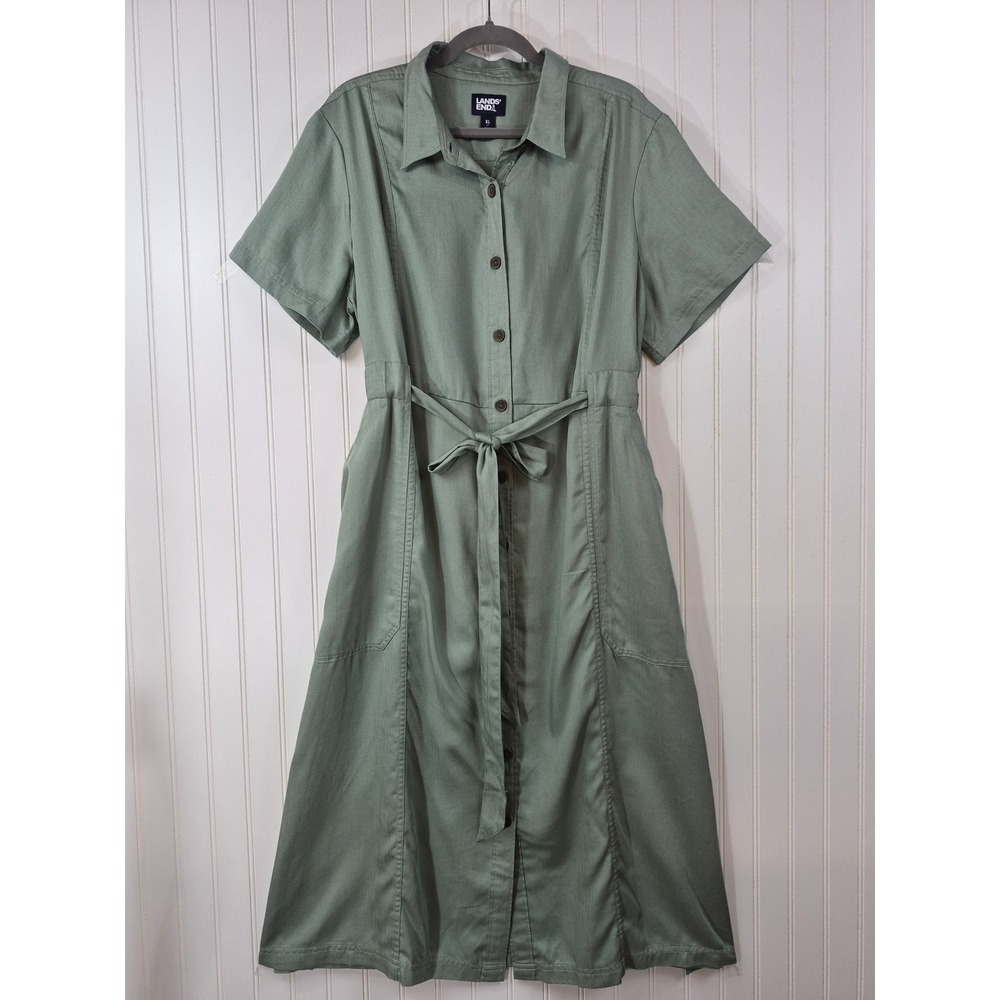 Lands End Sage Green Lyocell Short Sleeve Button Front Belted Midi Dress XL 18